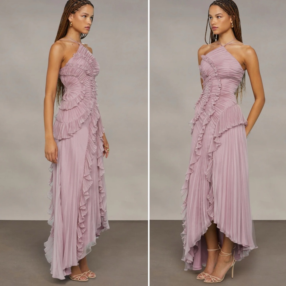 AMUR Lorelie Halter Pleated Rosette Side Gown in Water Hyacinth Viral size 8 US - Picture 7 of 14